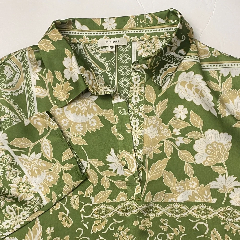 Pleione Olive Floral Print Green Beige White Long Sleeve Blouse Size XL - Picture 4 of 7